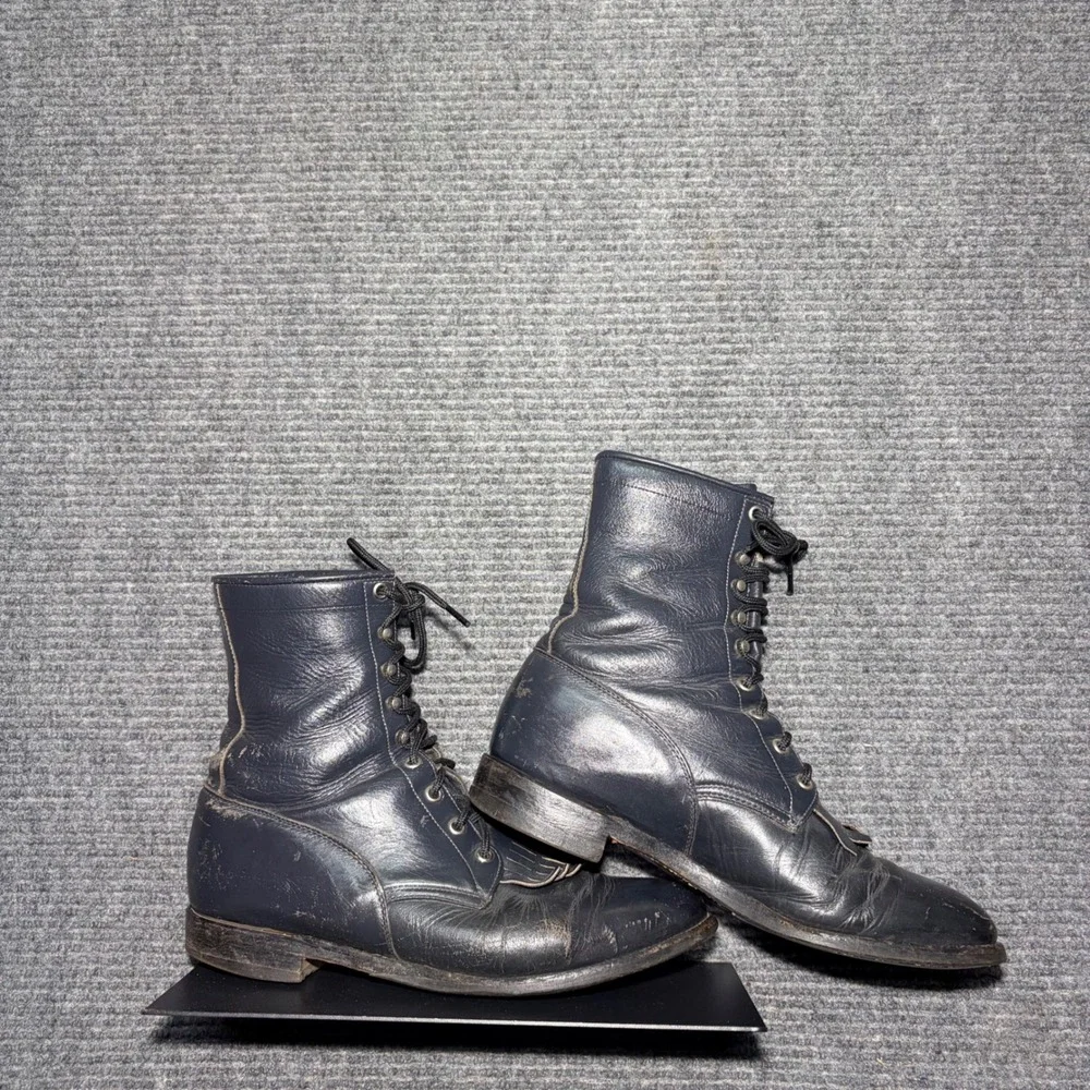 Vintage Justin Boots Mens 9 D Style 504 Black Leather Kiltie Packer Lacer USA